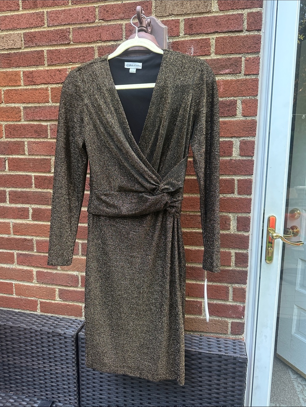 Calvin Klein Metallic Bronze Wrap-Style Long Sleeve Dress